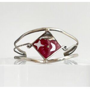 Moon & Stars Alpaca Mexican Silver Plated Floral Pink Abalone Cuff Bracelet